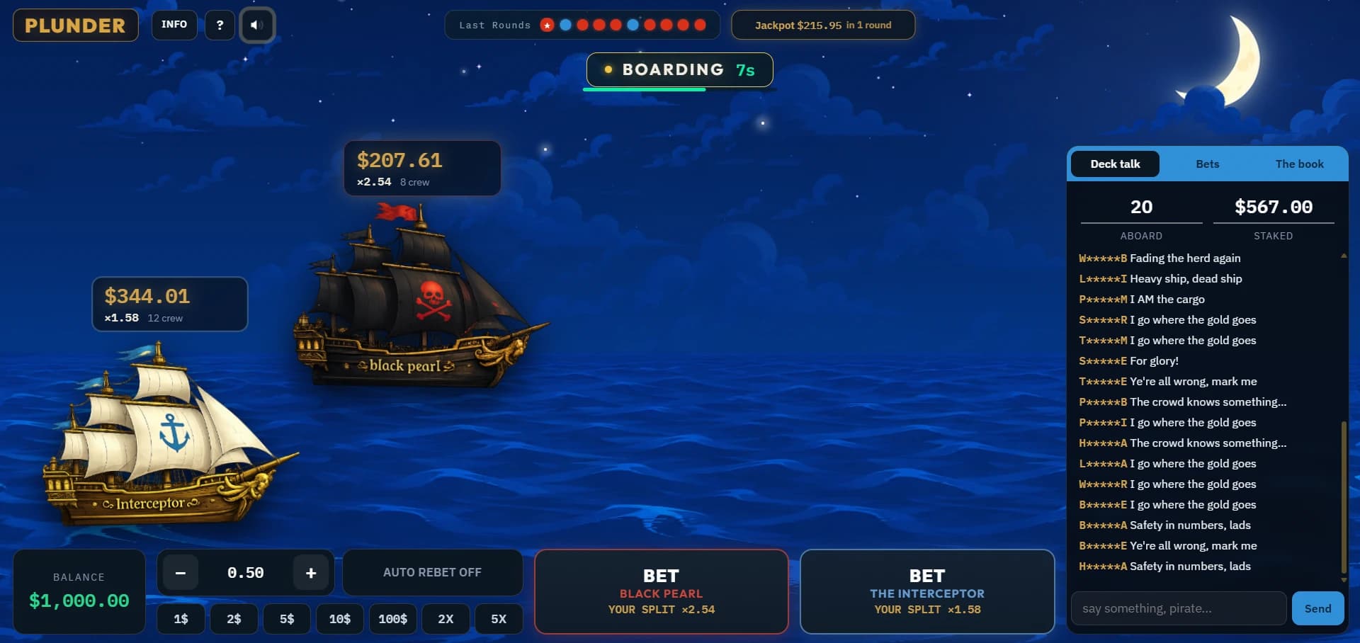 Plunder during the boarding phase, showing both ships with live multipliers and crew counts