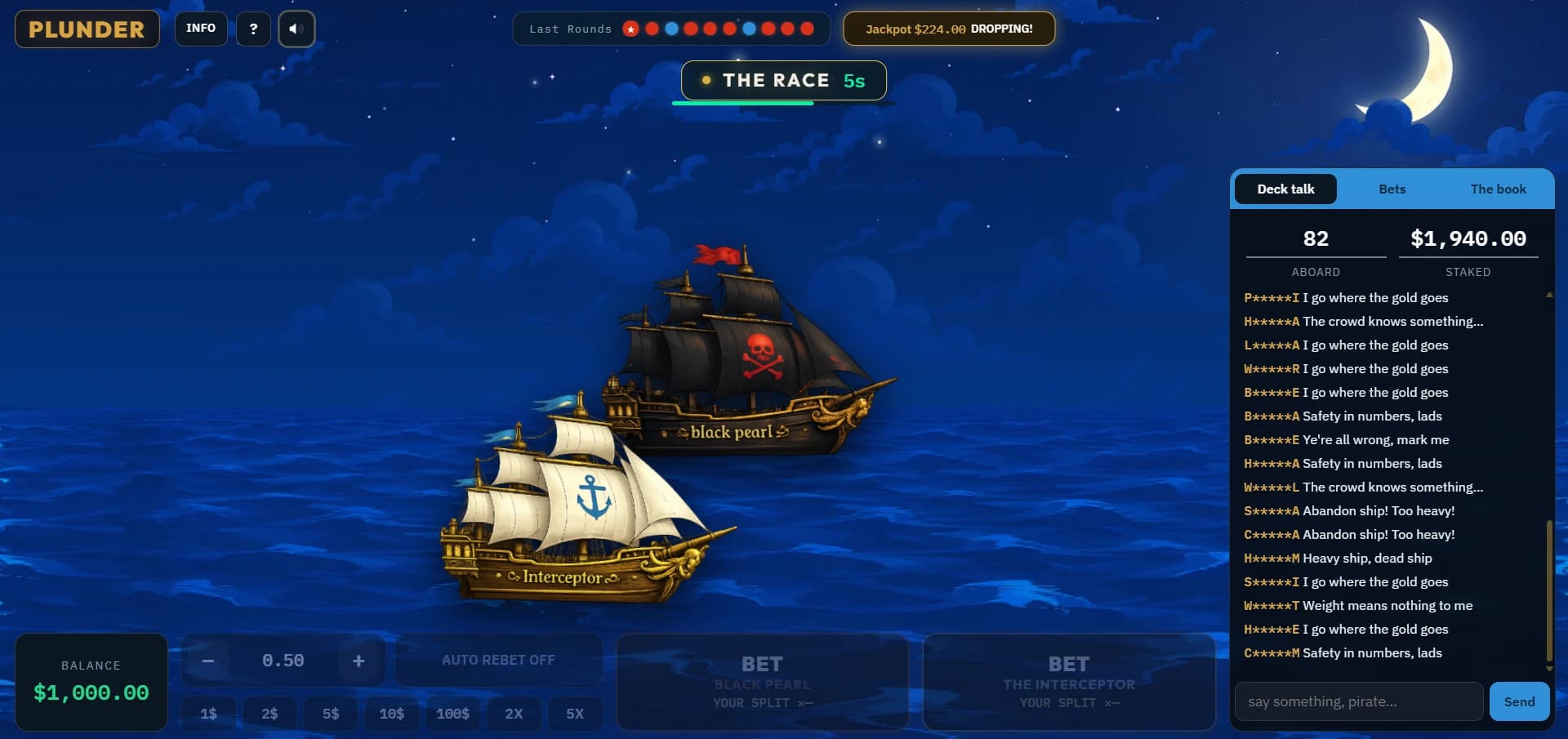 Plunder during the race, with the two ships under way and the jackpot dropping