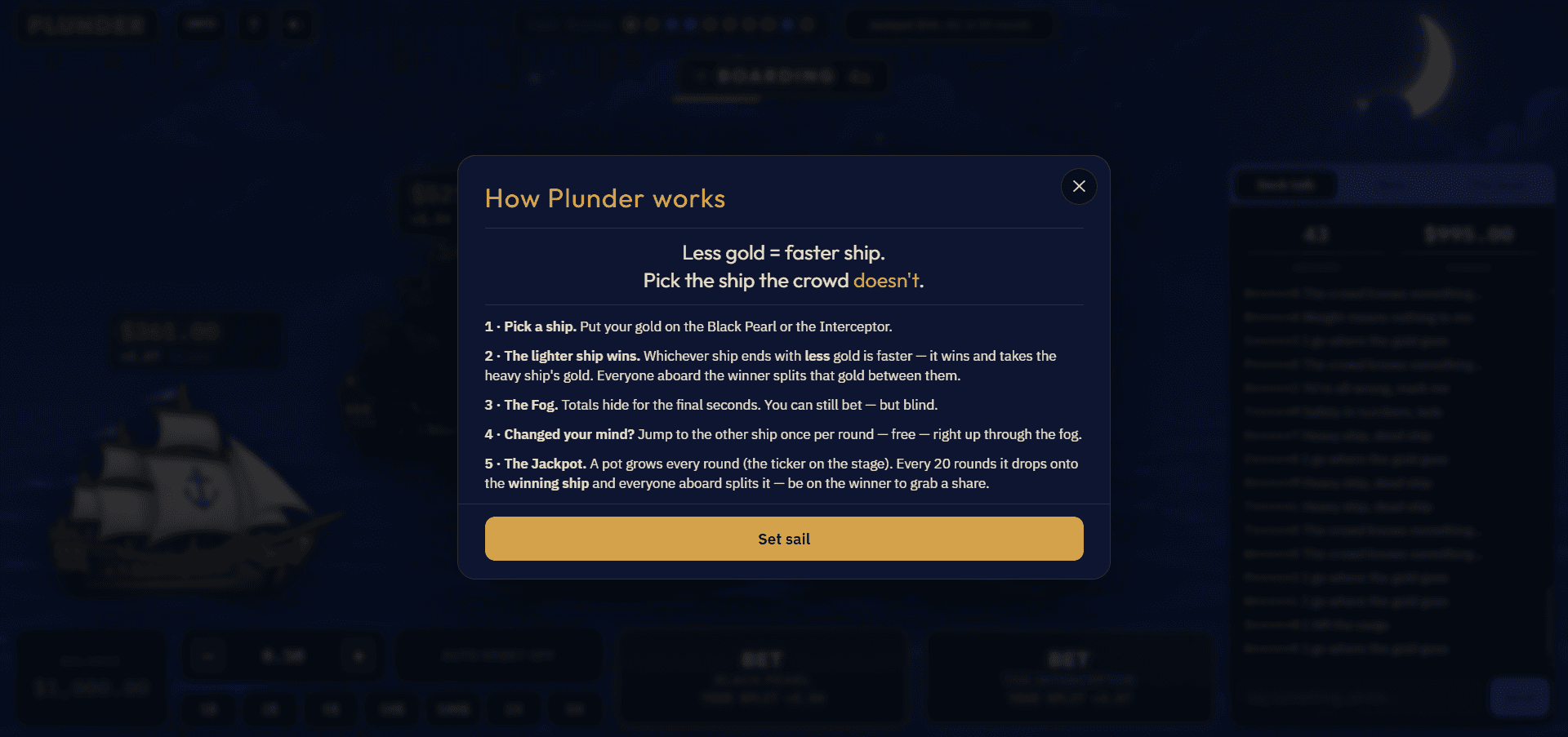 The "How Plunder works" panel explaining the five rules of the game